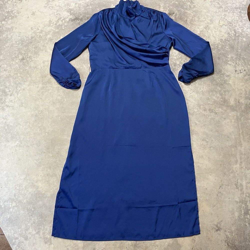 Alexia Admor Dress Womens 14 Blue Long Side Slits Cocktail Satin Finish Pleated